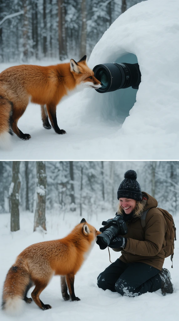 two-panel wildlife scene, red fox sniffing large camera lens protruding from snow igloo, lower panel shows smiling kneeling photographer holding the camera for the fox, snowy winter woodland