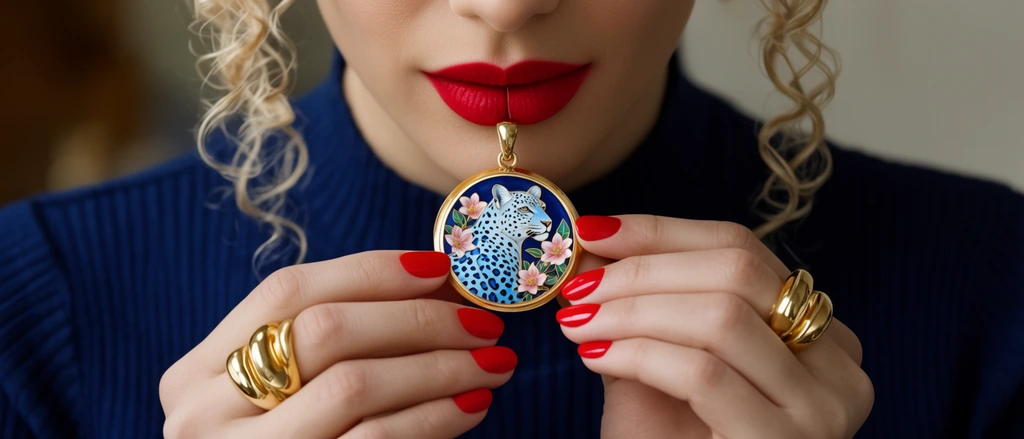 close-up of a woman delicately holding a round gold pendant, intricate enamel design featuring a blue-spotted leopard and pink flowers, bright red nail polish, bold red lips, blonde curly tendrils, dark blue ribbed top, chunky gold rings, shallow depth of field, soft lighting
