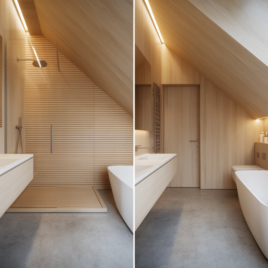 minimalist bathroom interior diptych, light wood slatted shower, white bathtub, floating vanity, slanted ceiling, grey concrete floor, warm lighting