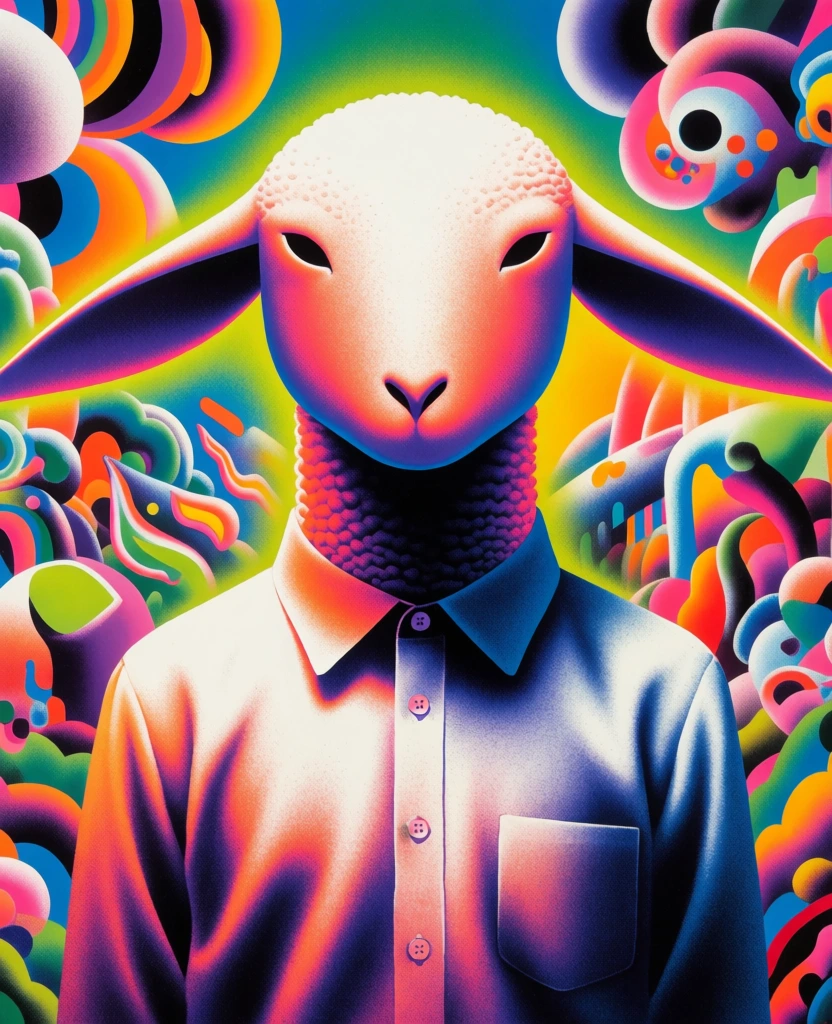 chest-up portrait of an anthropomorphic sheep head figure with wide horizontal ears wearing a button-down shirt, vibrant psychedelic neo-surrealism, airbrushed neon gradients of electric blue and hot pink, fine stippled pointillist grain, dendritic branching patterns forming wool, internal luminescence, glowing radial auras, deep black silhouettes, ethereal atmospheric haze, high-contrast bioluminescent highlights, soft-focus neon halos, contemporary pop art infusion.