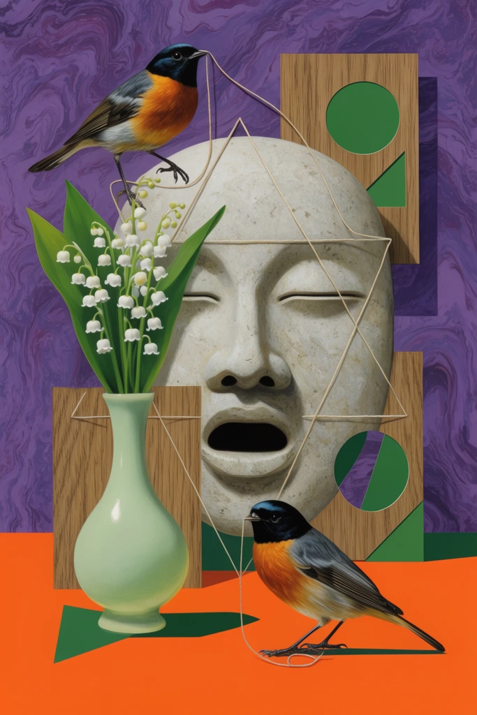 surreal mixed media collage, two small birds with black heads and orange breasts, thin string weaving throughout, pale green vase holding white lily of the valley flowers, large sculpted stone mask with closed eyes and open mouth, string forming a hexagram across the stone face, geometric cutouts of circles and triangles, wood grain panels, marbled purple background, bold orange and green color blocking, trompe l'oeil depth, precise rendering