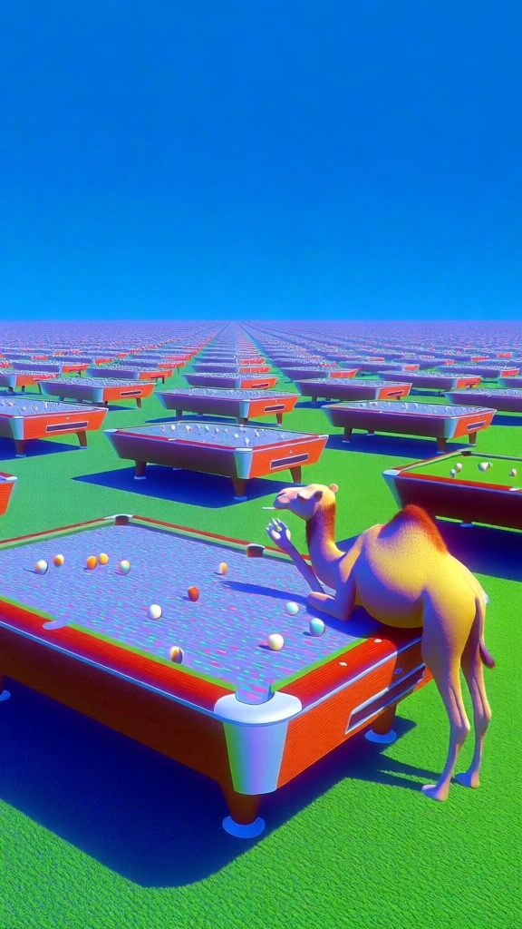 liminal space aesthetic, surreal dreamcore atmosphere, highly saturated vibrant colors, flat early 2000s cgi rendering style, uncanny valley realism, infinite repetition of pool tables receding into the distance, photorealistic camel sitting on the edge of the foreground table lighting a cigarette, vibrant green felt extending to the horizon under a solid cloudless blue sky, crisp high-contrast shadows, clean minimalist composition, nostalgic digital look, eerie stillness.