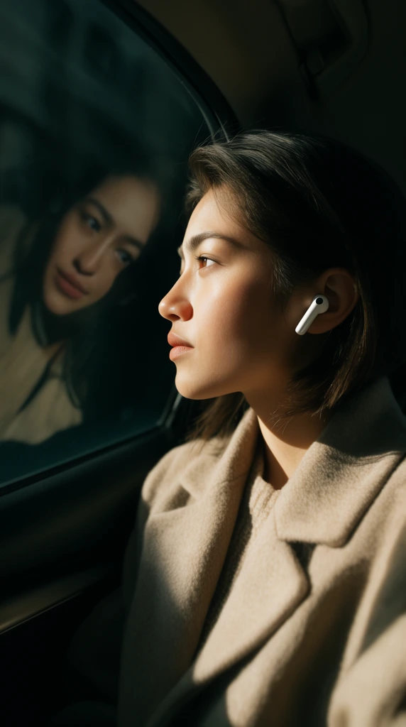 Young woman looking out car window in profile, wearing wireless earbud and beige coat, face reflected in dark glass, strong sunlight and deep shadows, cinematic car interior
