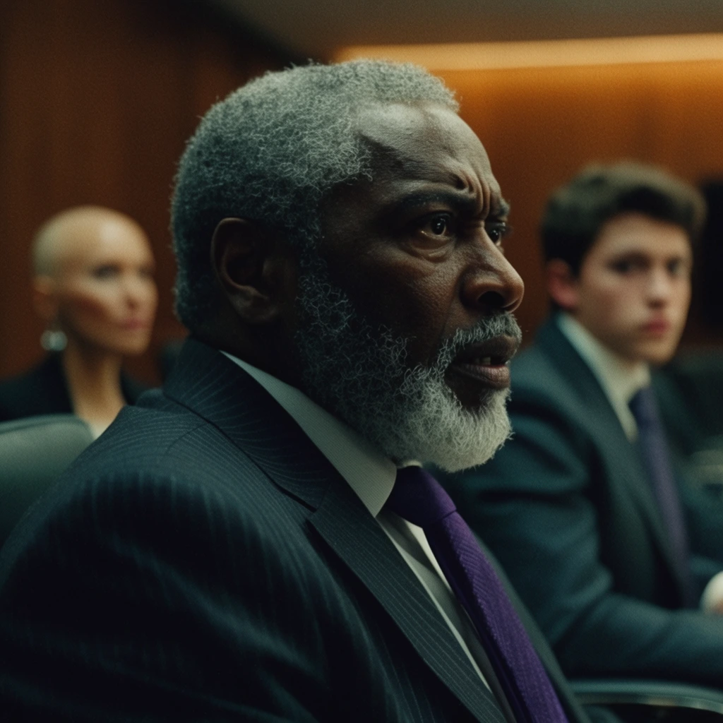 older Black man with silver beard in profile, intense concerned expression, dark pinstripe suit, purple tie, softly focused dimly lit corporate boardroom, blurred background figures of a bald woman and young man, cinematic framing, 35mm film grain, shallow depth of field, dramatic amber and teal lighting, thriller aesthetic