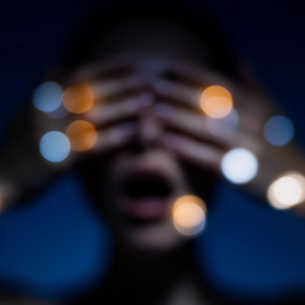 Two hands cover the upper half of a face with an open mouth, rendered entirely in an extreme, out-of-focus photographic lens blur against a deep midnight blue gradient. The subject appears as a soft, abstract silhouette of deep shadows and diffused gradients, with the hands stretching across the upper facial area and the open mouth forming a rounded, blurred dark shape in the lower center. Scattered across the composition and overlapping the figure are large, luminous, circular bokeh orbs glowing in warm amber, pale icy blue, and stark white. The frame features a smooth transition from a very dark, nearly black upper region into a rich, saturated navy blue background. The profound shallow depth of field and optical distortion melt all sharp edges, leaving a cinematic interplay of glowing light circles and soft, undulating contours in a low-light atmosphere.