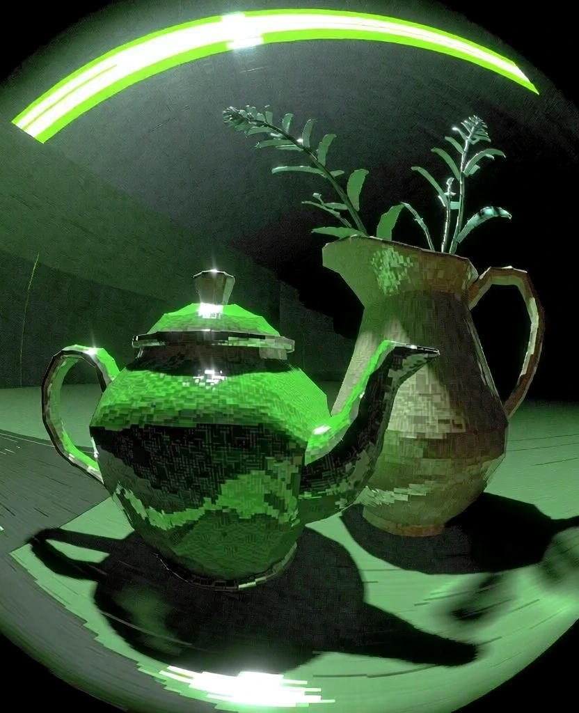 low-poly ps1 aesthetic, pixelated textures with heavy dithering, monochromatic neon green color palette, high-contrast lighting with deep shadows, extreme wide-angle fisheye lens perspective, a low-fidelity 3d render of a ceramic teapot and a pitcher holding botanical sprigs, surreal retro-gaming atmosphere, crunchy digital artifacts, sharp highlights on glossy surfaces, centered composition, moody dark environment with bright linear accents, gritty 90s computer graphic style.