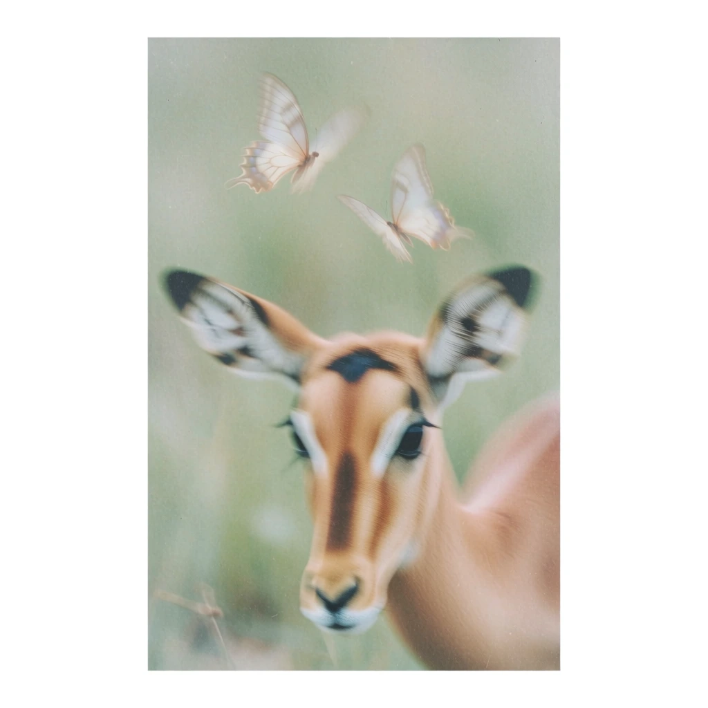 high-angle impressionistic shot of an impala head with delicate butterflies above, rendered with intentional camera movement and dreamy motion blur, painterly textures, heavy analog film grain, muted palette of sage green and warm peach, centered elegant slanted serif typography reading "beau chaos", small script text at the top, a clean date at the bottom, soft-focus ethereal lighting, nostalgic vintage brand aesthetic, evocative of contemporary editorial design studio style