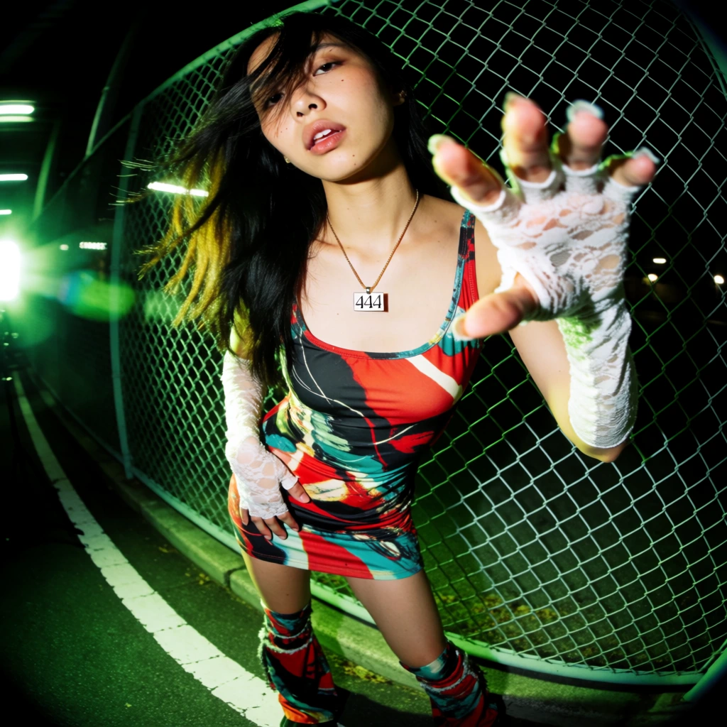 A woman in a patterned mini-dress poses dynamically under intense green light next to a chain-link fence at night, captured through a distorted fisheye lens. The central figure has long, dark hair swept across her face and open lips, wearing a low-cut, tight-fitting sleeveless dress with a chaotic abstract print in red, black, and teal. Her outfit includes matching patterned leg warmers or tall boots and textured, lace-like gloves. One hand, covered in light-colored, webbed material, reaches directly toward the camera lens, while her other hand is positioned behind her hip. She wears large silver-toned hoop earrings and a thin gold-colored necklace with a small pendant that features the numbers "444" in a small, black, serif font. The setting is a dark outdoor environment at night, with a chain-link fence running diagonally across the mid-ground. The ground consists of dark, textured asphalt, and the background beyond the fence remains largely obscured in shadow. The image is characterized by significant barrel distortion from the wide-angle fisheye lens, creating a curved perspective. Strong, artificial green light sources from above and to the left create high-contrast highlights and deep shadows across the subject's skin and the surrounding structures, resulting in a saturated and gritty color palette dominated by greens, blacks, and flashes of red.