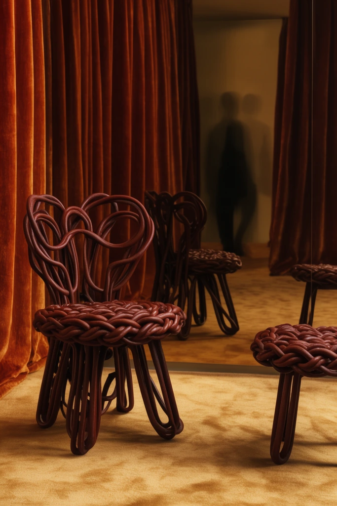 sculptural avant-garde chair and stool made of dark reddish-brown interwoven tubular material, thick braided knot-like seats, organic looping backrests, heavy draped burnt-orange velvet curtains, golden-tan carpet, background mirror reflecting the furniture and a distant shadowy human silhouette, warm moody lighting, rich earth-tone palette, high-end editorial interior photography
