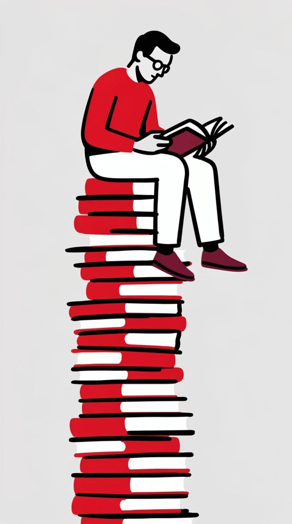 A minimalist illustration of a bespectacled man sitting atop a towering vertical stack of books while intently reading an open volume. He wears a solid red long-sleeved shirt, white trousers, and maroon shoes. The precarious column of books features alternating red and white bindings defined by thick, bold black outlines. The flat vector graphic style employs a stark red, white, and black color palette against a plain light grey background, emphasizing clean geometry and expressive line art.