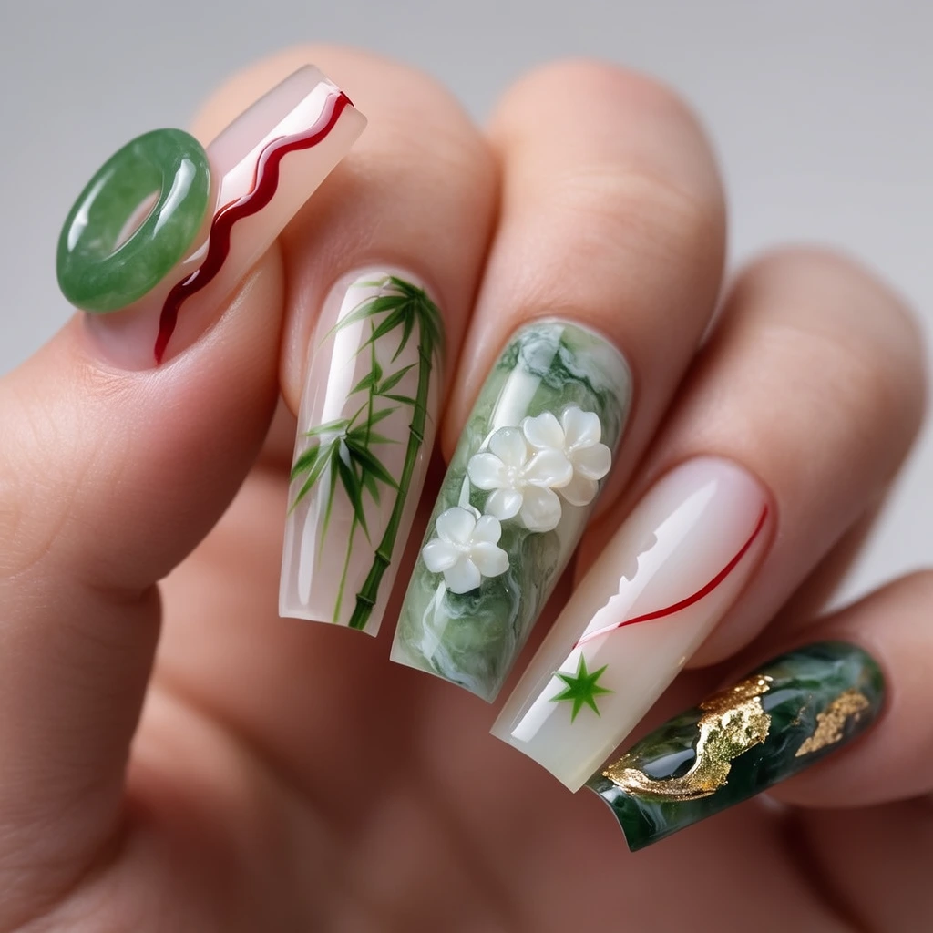 macro beauty photography of fingers displaying long glossy square nails, intricate translucent nail art, thumb featuring a wavy red line and raised green jade ring embellishment, index finger painted with green bamboo leaves, middle finger displaying green marble and sculpted 3D white flowers, ring finger with a milky base thin red line and green star, pinky showcasing dark green marble with raised metallic gold foil details, soft diffused lighting, smooth skin texture, shallow depth of field, clean light gray background