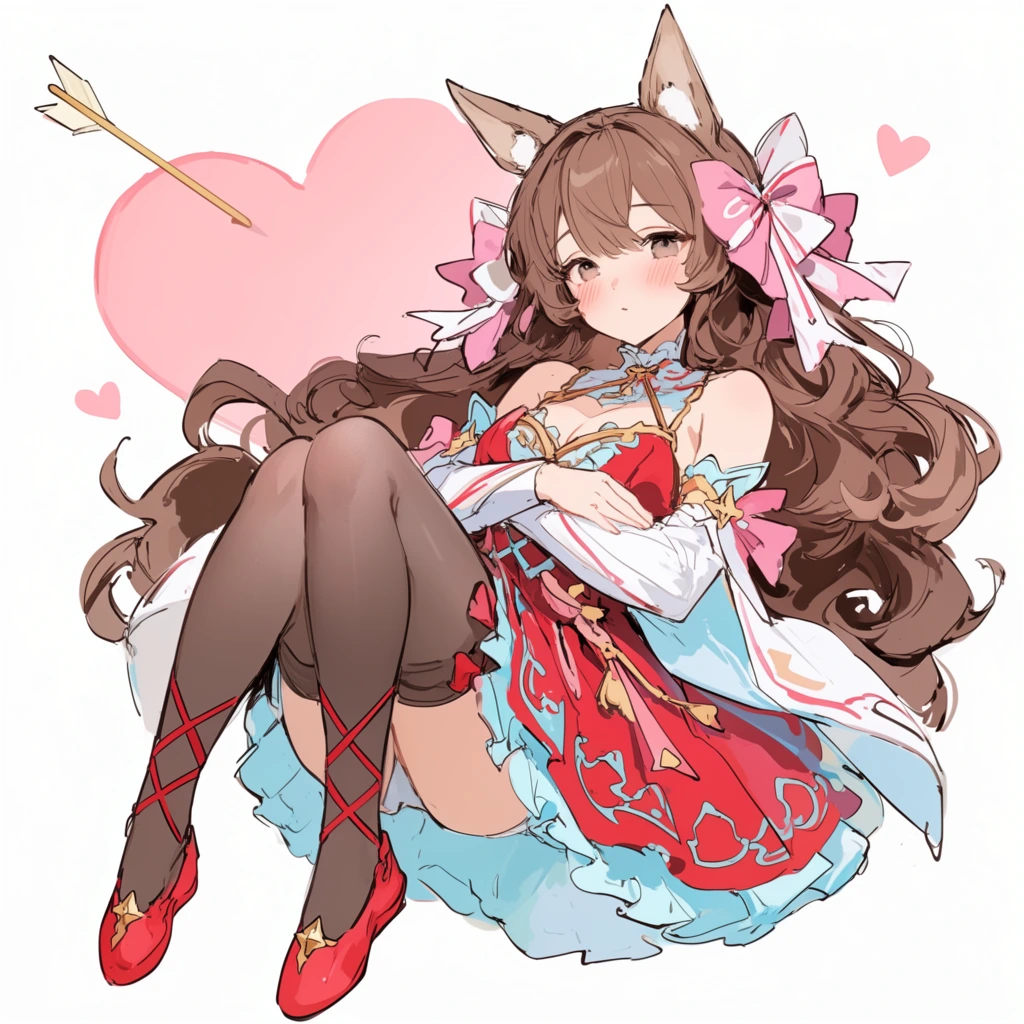 anime-style female character floating, long wavy brown hair, animal ears, intricate red and light blue frilled dress, detached white sleeves, large pink and white ribbon bows, sheer dark thigh-high stockings with criss-cross red straps, red flat shoes with gold star accents, arms crossed gently over chest, serene expression, blushing cheeks, large pink heart pierced by a golden arrow in the background, small floating pink hearts, crisp white background, soft pastel color palette, cel-shaded digital illustration, sketch-like dynamic line art