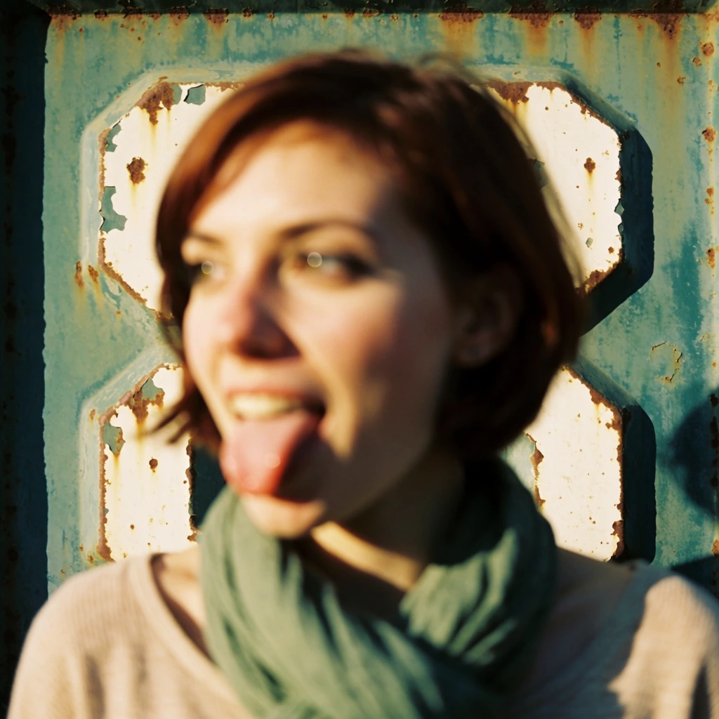 An out-of-focus close-up portrait of a young woman playfully sticking her tongue out while looking off to the left. She has short auburn hair, a light beige top, and a muted green scarf. Strong, warm directional sunlight casts sharp shadows across her blurred features. In stark contrast, the background immediately behind her is perfectly in focus. It consists of a weathered, teal-colored metal panel featuring large, raised, white-painted geometric shapes heavily distressed with rust and chipped edges. The image utilizes a shallow depth of field to create a candid, vintage snapshot aesthetic with a warm cinematic color palette and distinctive focus pulling.