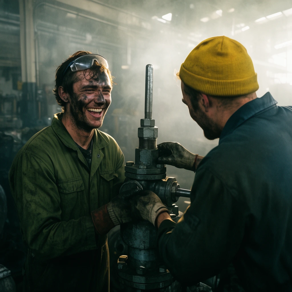 two mechanics in a smoky depot, one facing forward with grease-smeared face laughing wearing olive-green overalls and safety glasses on forehead, second mechanic from behind in a yellow beanie adjusting a large hydraulic valve, cinematic backlighting piercing thick industrial haze, gritty atmospheric photography