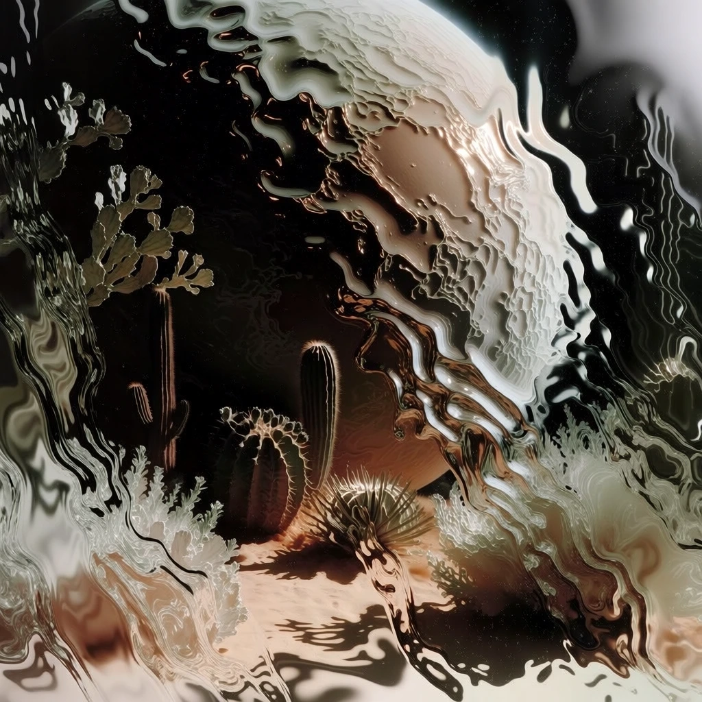 ethereal desert garden with cacti and a massive planetary body, captured through thick rippling refractive liquid and distorted glass, high-contrast chiaroscuro lighting, deep obsidian shadows, warm gold specular highlights, organic fluid distortion, muted earth tones, surreal dreamlike atmosphere, viscous liquid textures blurring botanical and celestial forms, cinematic grain, elegant moody composition, heavy refraction, molten glass aesthetic, luxury editorial style.