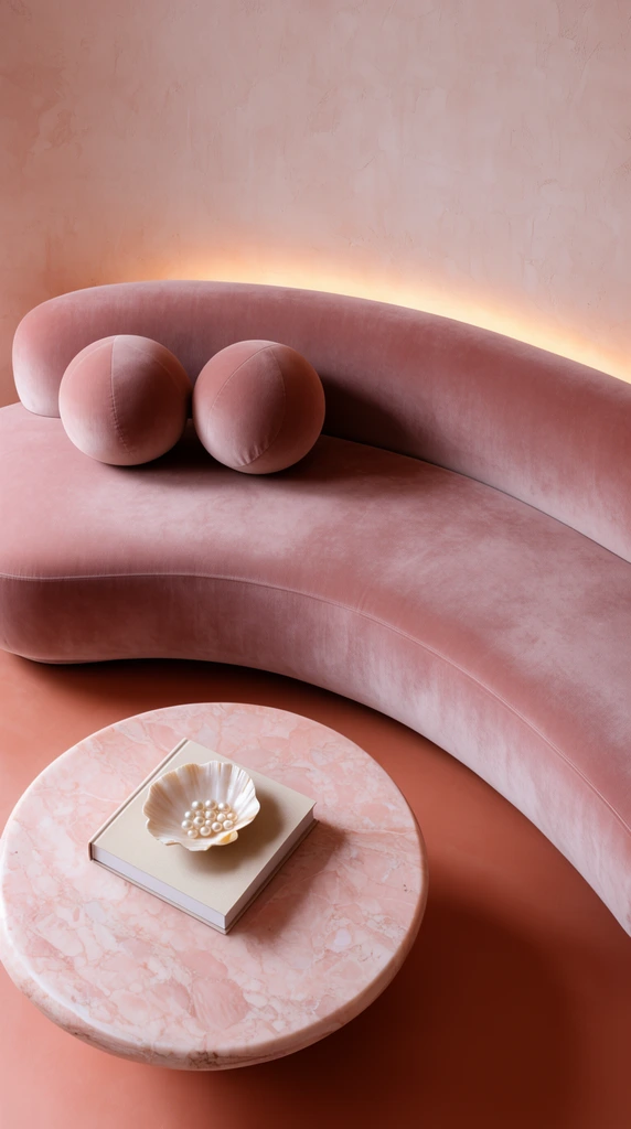 curved dusty rose velvet sofa, two spherical pillows, matching plaster wall, warm cove lighting behind backrest, round pink marble coffee table, thick book, shell dish with pearls, smooth terracotta floor, monochromatic blush palette, minimalist interior design, high angle photography