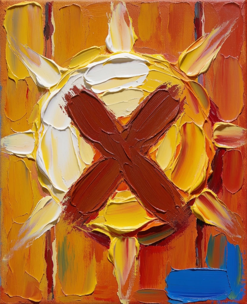 thick impasto oil painting on textured canvas, a large letter 'x' centrally positioned in heavy dark sienna, behind it a circular radiant sunburst of buttery yellow and brilliant white impasto expands outward, background of vertical wooden planks suggested by long gestural strokes of ochre and burnt orange, high-contrast palette of fiery hues with a sharp pop of saturated cerulean blue in the bottom corner, expressive naive aesthetic, heavy palette knife texture, high-signal tactile grit