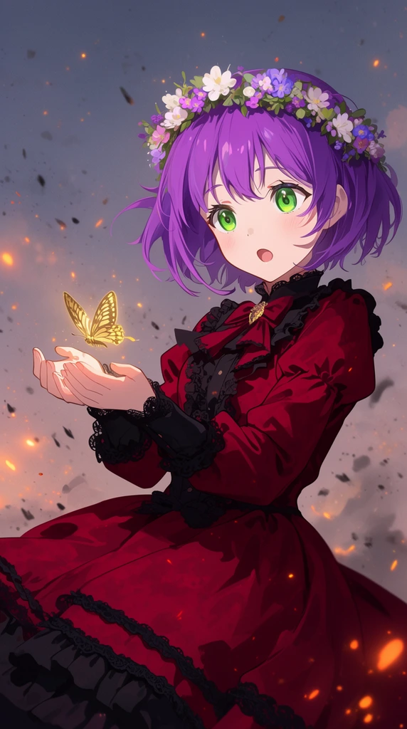 A young anime-style girl with short purple hair and bright green eyes wearing a floral wreath holds a glowing gold butterfly gently in her cupped hands. She is dressed in a crimson Victorian gothic dress with black lace trim. The background is a dusky twilight sky filled with floating embers, soft ash, and glowing orange particles. Her expression is gentle and filled with wonder. 2D digital illustration, soft lighting, dynamic composition, ethereal atmosphere.