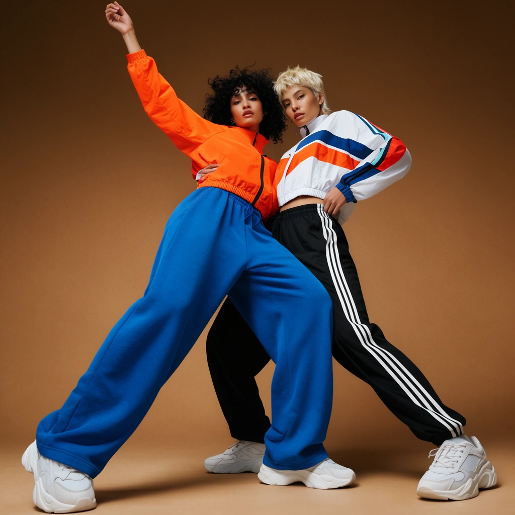 two women in dynamic intertwined pose, curly dark hair and blonde crop, vibrant streetwear color blocking, orange jacket with wide-leg blue sweatpants, striped white jacket with black track pants, one arm raised high, chunky white sneakers, caramel brown seamless studio backdrop, low-angle editorial photography