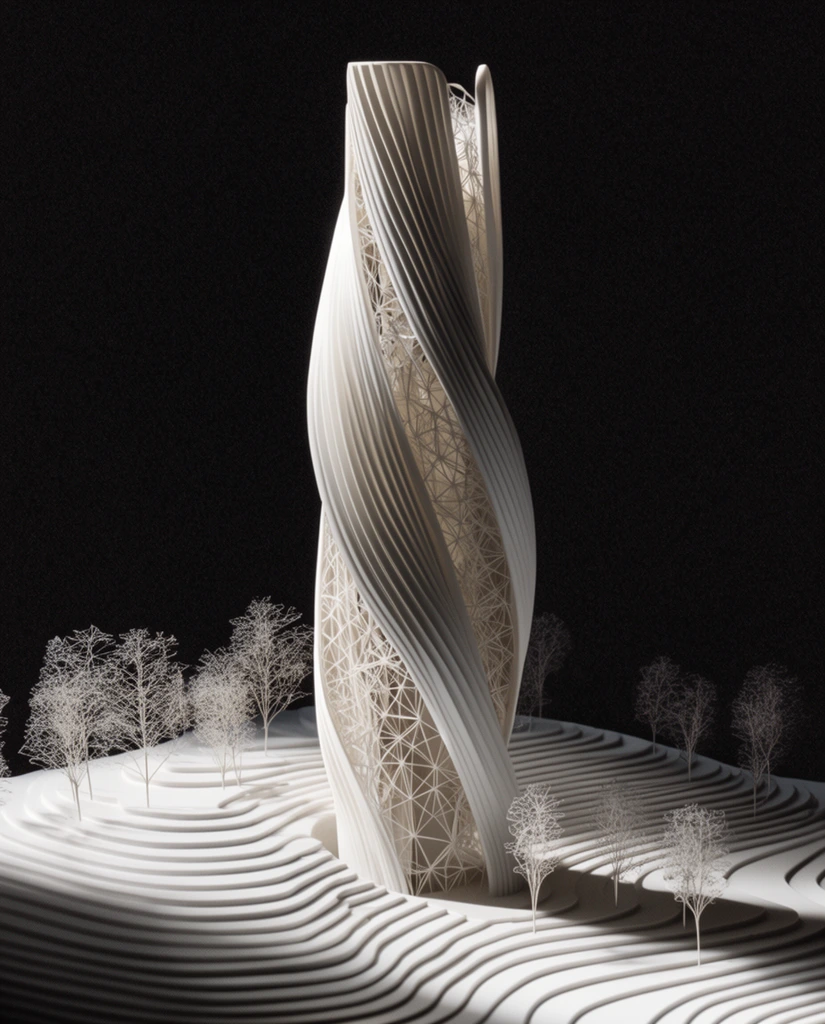 twisting futuristic skyscraper architectural model, organic white ribbed fins wrapping a delicate geometric lattice framework, terraced white topographical landscape with sweeping contours, miniature bare wireframe trees, dramatic high-contrast studio lighting, stark shadows, pitch-black background, monochromatic parametric aesthetic, fine film grain