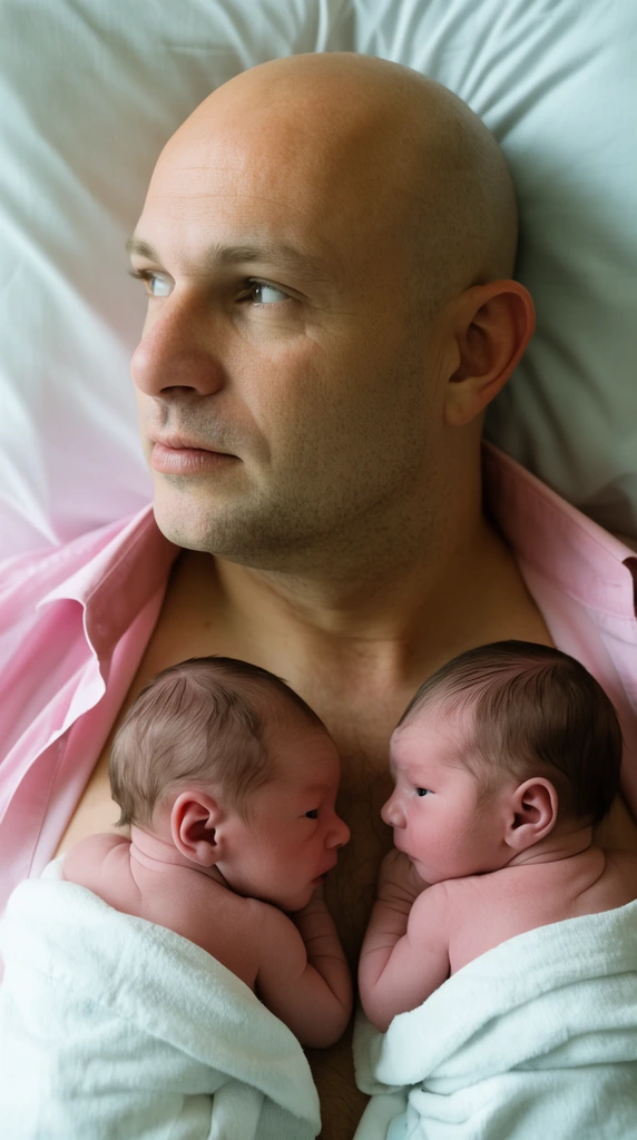 close-up overhead portrait of a bald man looking away thoughtfully, wearing an open pink shirt, two newborn babies resting on his bare chest, soft hospital lighting