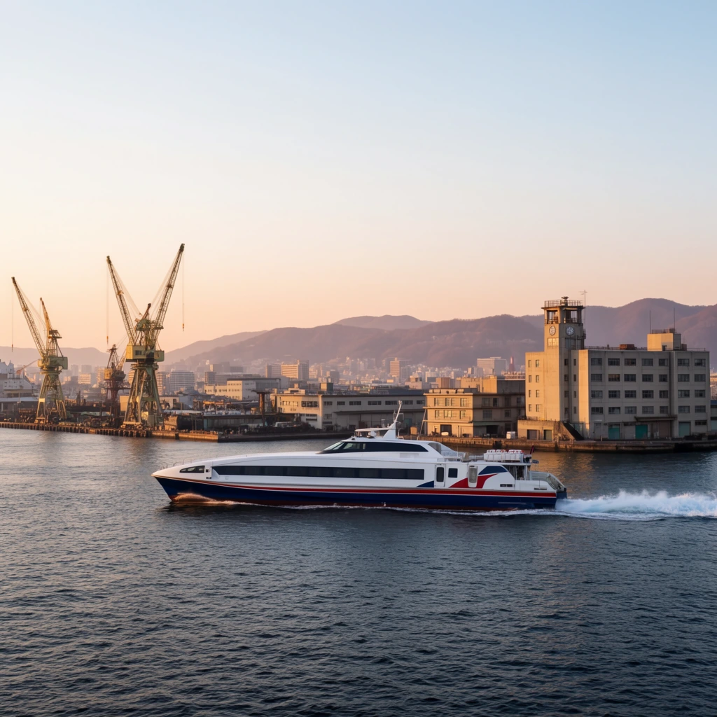 A sleek, white, high-speed passenger ferry with a dark blue lower hull and red accents speeding through dark blue, slightly rippled water, leaving a white wake, moving from right to left, passing an industrial harbor scene in the background, to the left are tall, spindly, yellow shipyard cranes along a pier, to the right are blocky, utilitarian, multi-story buildings, one with a clock tower structure on top, behind the harbor is a sprawling city skyline blending into distant, hazy, purplish-brown hills or mountains, the sky above is a clear, pale gradient transitioning from light blue at the top to a warm, peachy orange near the horizon, indicating early morning or late afternoon light, soft, golden-hour sunlight illuminating the buildings and the ferry, wide-angle shot, landscape orientation, realistic photography, sharp focus on the ferry, soft atmospheric perspective on the distant hills.