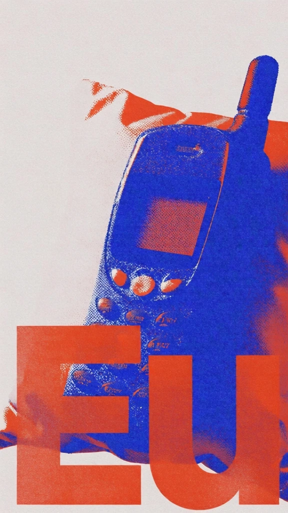 a soft pillow featuring a mobile phone character, rendered in a saturated blue halftone screen-print texture, bold oversized sans-serif typography in punchy orange-red overlapping the foreground, grainy risograph aesthetic with heavy stippled ink effects, high contrast minimalist composition, off-white textured paper background, swiss design influence, tactile ink-on-paper quality, vibrant pop art color palette, graphic and bold.