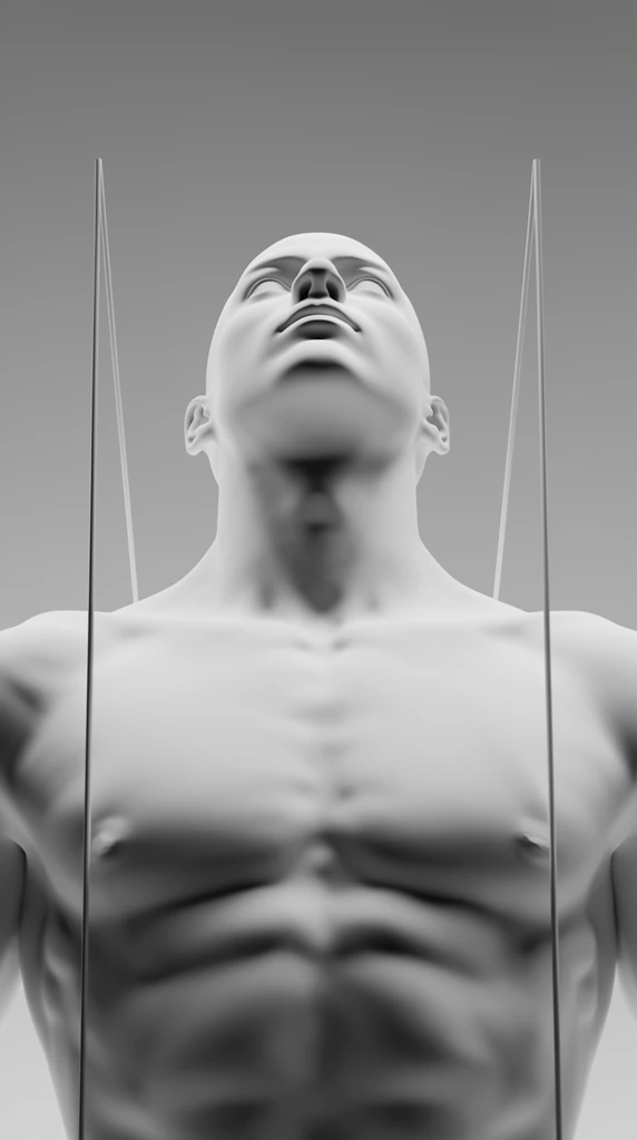 3D model of a male torso from an extreme low angle, untextured grayscale clay render, head tilted back, two vertical guide lines rising from shoulders, soft shadows on muscular contours, gradient gray background