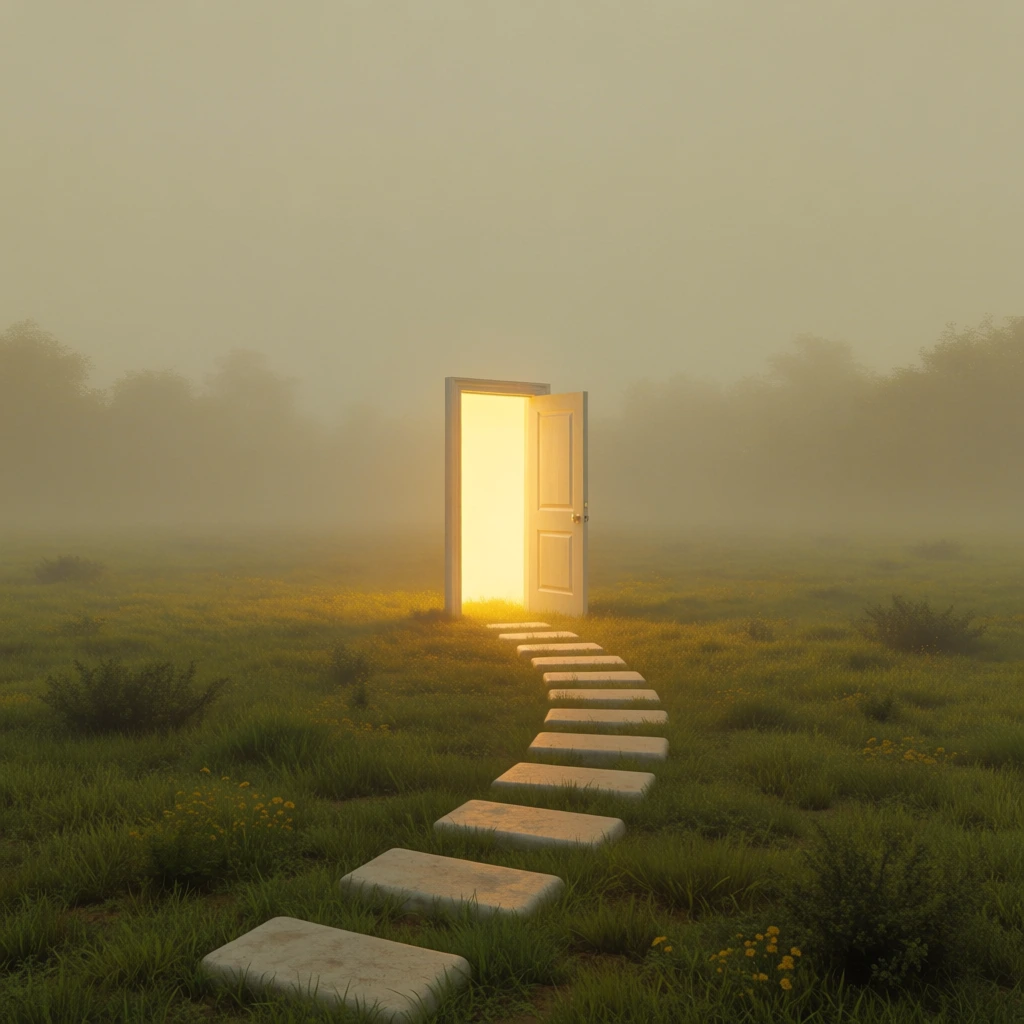 A path of ten rectangular, light-gray stepping stones curves gently from the bottom foreground through a dense, foggy field toward a single, open doorway standing isolated in the distance. The doorway consists of a white-painted wooden frame and a paneled door swung open to the right, revealing a brilliant, warm golden glow that radiates from the interior. This intense yellow light spills out onto the surrounding short green grass and illuminates the immediate area around the door frame. The surrounding environment is a vast, flat field of textured green grass, heavily enveloped in a thick, monochromatic yellowish-gray mist that obscures the horizon. In the far background, the faint, dark silhouettes of distant trees are barely visible through the haze. The composition uses a low-angle perspective, emphasizing the length of the stone path and centering the luminous doorway as the primary focal point. The color palette is dominated by muted olive greens and hazy grays, contrasted sharply by the vibrant, saturated yellow light emanating from the open door. This surreal image is rendered with a smooth, clean aesthetic, featuring soft shadows and diffused lighting that creates a dreamlike and ethereal atmosphere.
