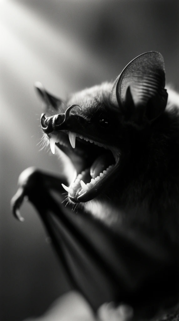 A close-up, black and white photograph of a bat with its jaws wide open, exposing sharp teeth. The image features a classic fine art photography aesthetic characterized by dramatic, highly directional lighting streaming from the upper left, creating intense chiaroscuro. Luminous highlights precisely define the gleaming surfaces of the bat's fangs and the detailed textures of its snout, while deep, velvety shadows consume the opposite side of the face and the lower right frame. A extremely shallow depth of field isolates the open mouth and teeth in crisp, tack-sharp focus, causing the surrounding anatomy, wings, and the background environment to smoothly transition into a soft, creamy blur. The monochromatic palette is composed of rich, pitch blacks, brilliant whites, and smooth, elegant gradients of grayscale midtones, completely unified by a subtle, fine film grain that enhances the moody, timeless, and dramatic atmosphere.