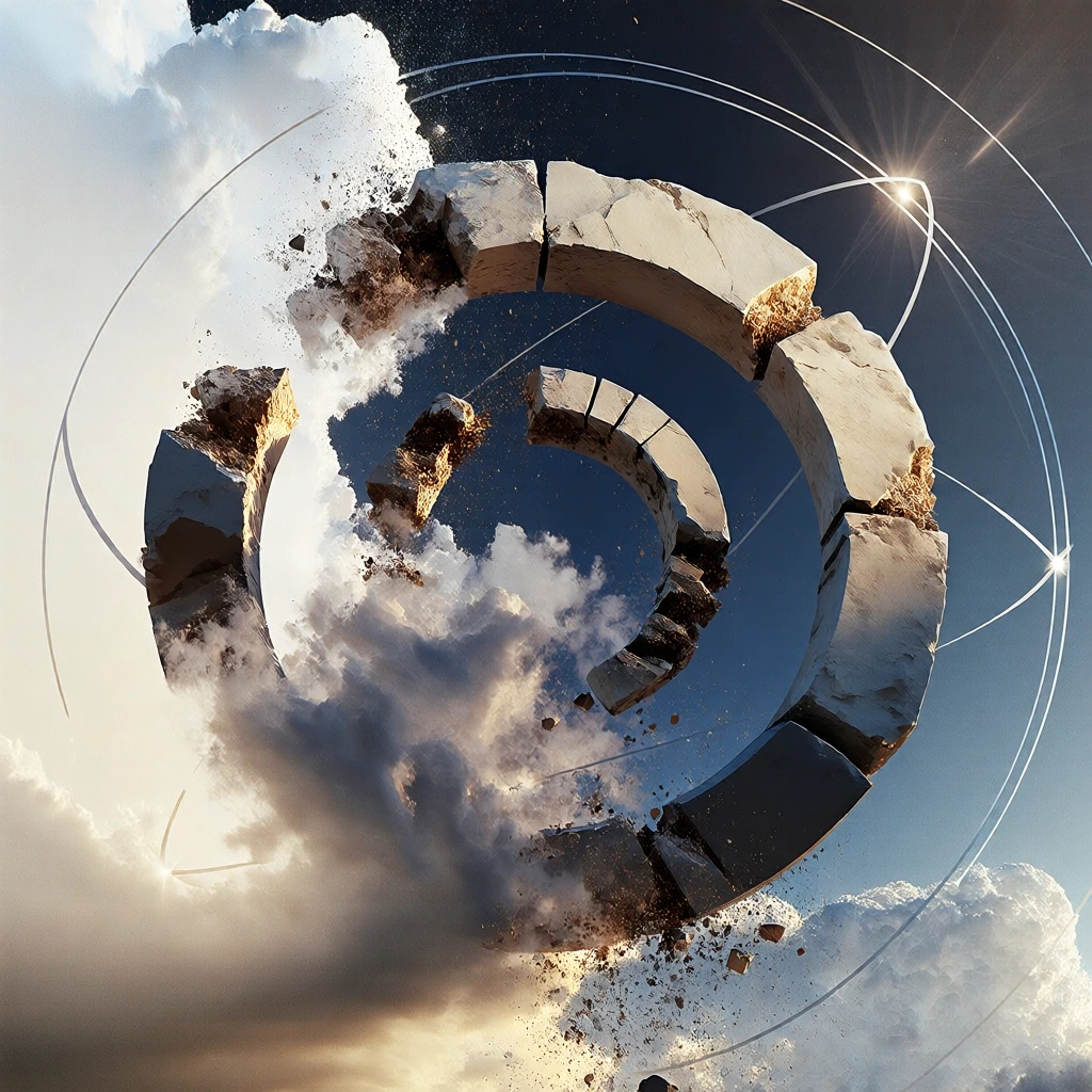 a weathered stone circle suspended in a deep navy sky, concentric swirling rings of crumbling rock and orbiting geometric lines, dramatic golden hour side-lighting, sharp rim light catching granular dust and floating debris, voluminous cream-colored cumulus clouds weaving through the structure, disintegrating textures and suspended particulate matter, high-contrast cinematic rendering, metaphysical surrealism, warm ochre and deep indigo color palette, sharp focus, hyper-detailed
