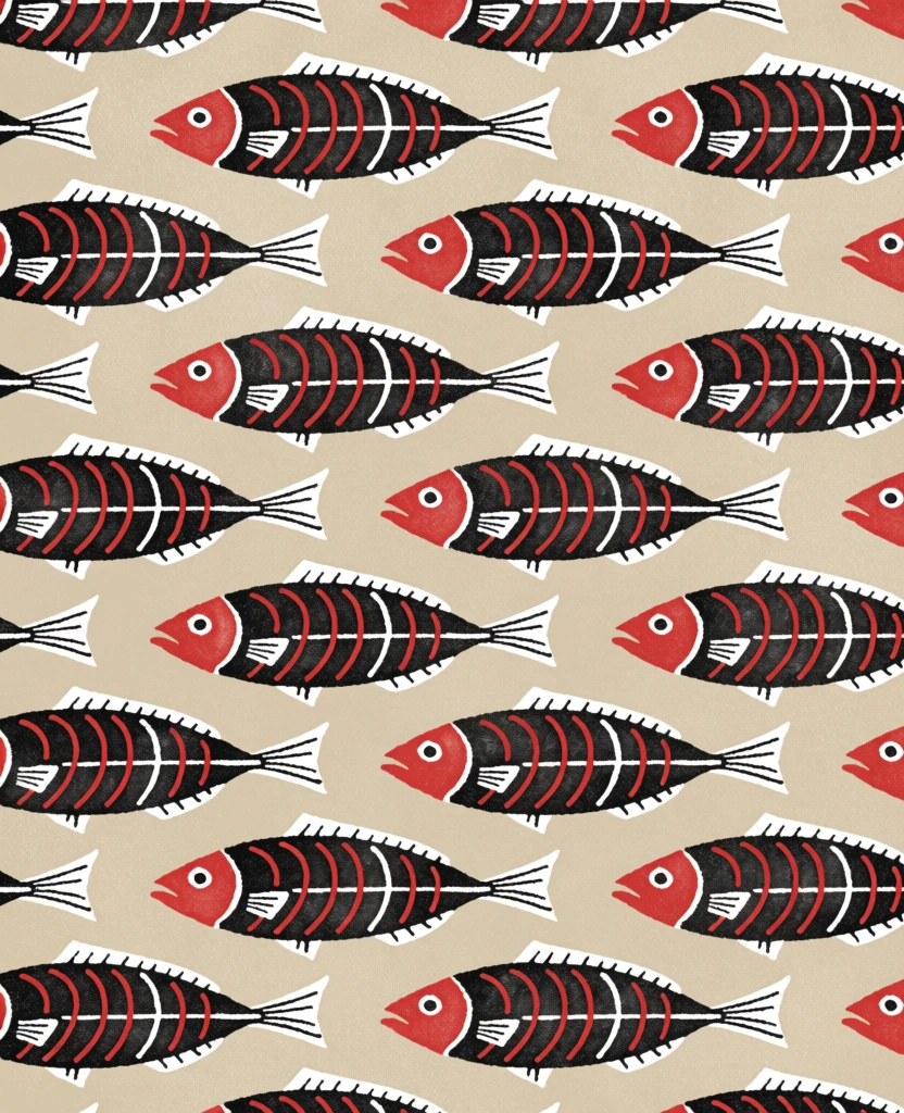 Red Fish Design Pattern Stylized fish pattern, linocut illustration, black red... | Krea