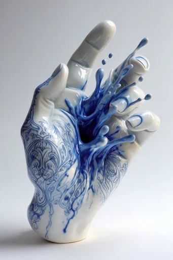 Surreal Delftware Fluidity style reference image — glossy ceramic glaze