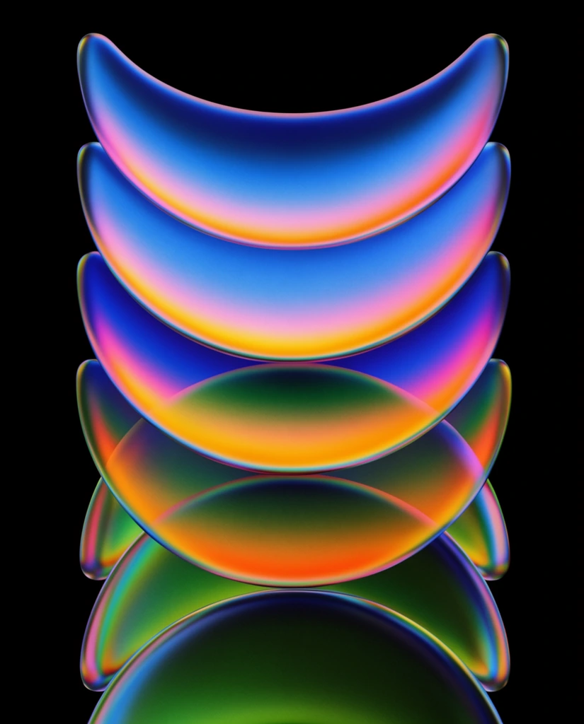 vertical stack of glossy 3D crescent shapes, vibrant iridescent color gradients, electric blue pink yellow orange green hues, pure black background, smooth rounded forms, metallic glass-like material, subtle digital grain texture, abstract digital rendering, high contrast, minimalist geometric design