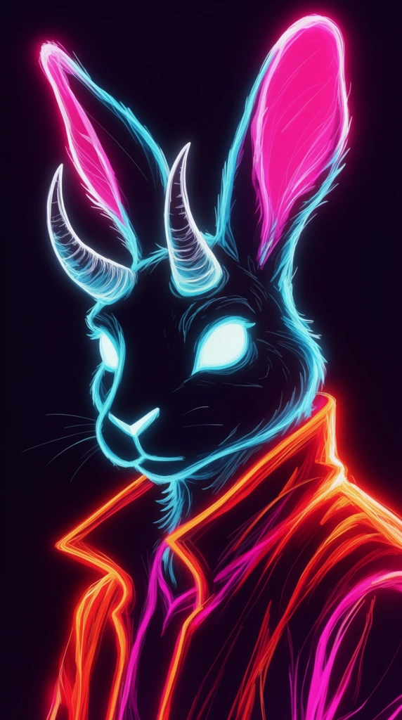 Glowing neon line art portrait of an anthropomorphic horned rabbit against a black background. The creature features cyan facial contours, blank luminous eyes, curved horns, and magenta-lit ears. It wears a collared jacket outlined in radiant orange, red, and pink flowing strokes creating extreme contrast.