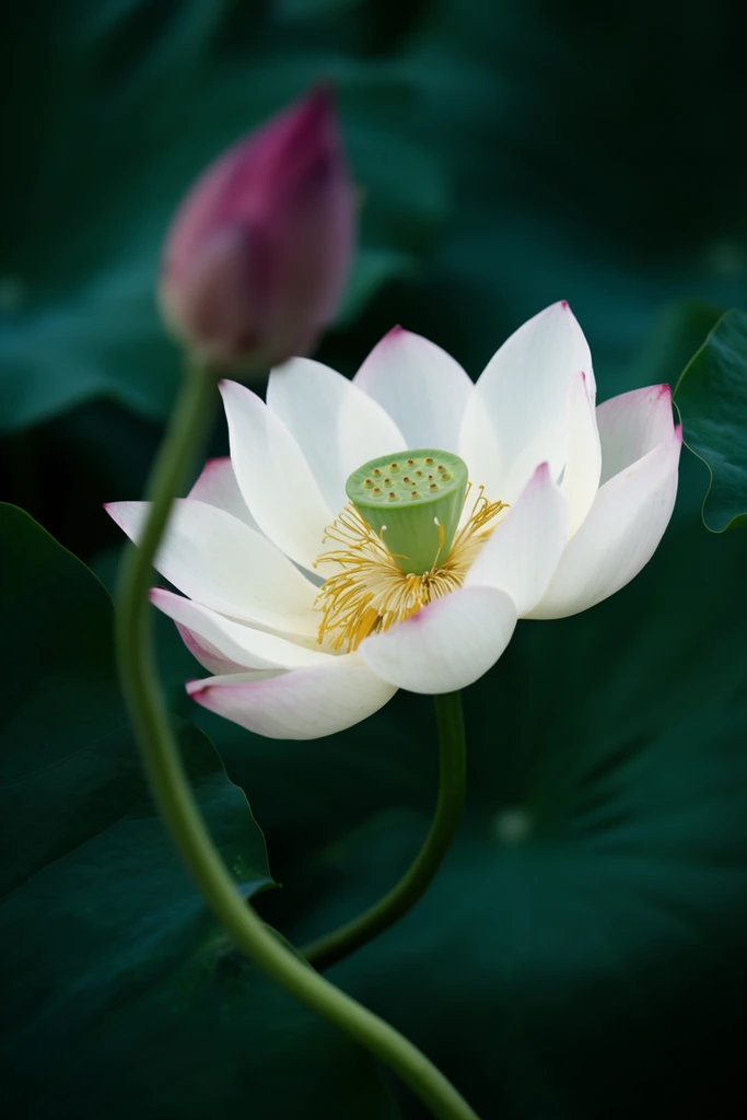 blooming white lotus flower, delicate pink-tipped petals, vivid green seed pod, yellow stamens, blurred magenta bud on curved stem, dark emerald foliage background, macro photography, shallow depth of field