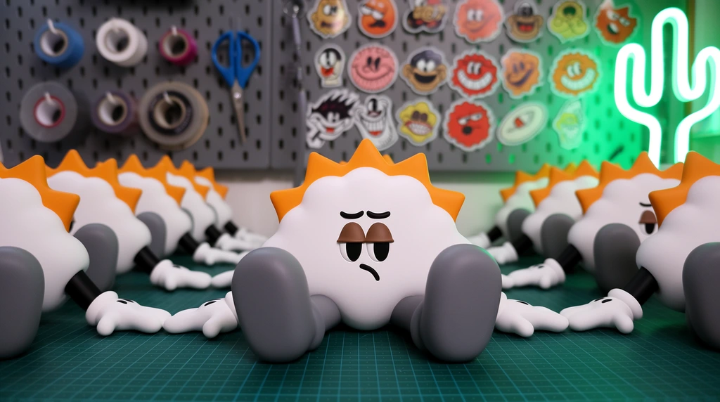 Identical matte white vinyl art toys sit in rows on a green cutting mat. The central focused figure is a puffy cloud shape with a bright orange sun crest, sporting an unimpressed, half-lidded expression. Thick gray legs extend forward, while black arms rest beside it in oversized white cartoon gloves. A shallow depth of field blurs the background, revealing a gray metal pegboard holding spools of tape, blue scissors, graphic stickers of retro cartoon faces, and a glowing green neon cactus lamp. Soft indoor lighting highlights the smooth, stylized forms of the seated designer figures.