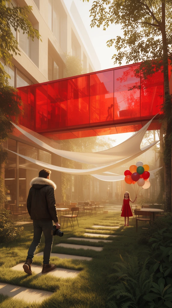 A golden-hour 3D rendering of a modern courtyard spanned by a vibrant red glass skybridge. A man in a fur-collared jacket carries a camera along grass pavers, while a girl in a red dress holds balloons beside white shade sails and cafe seating in warm, hazy sunlight.