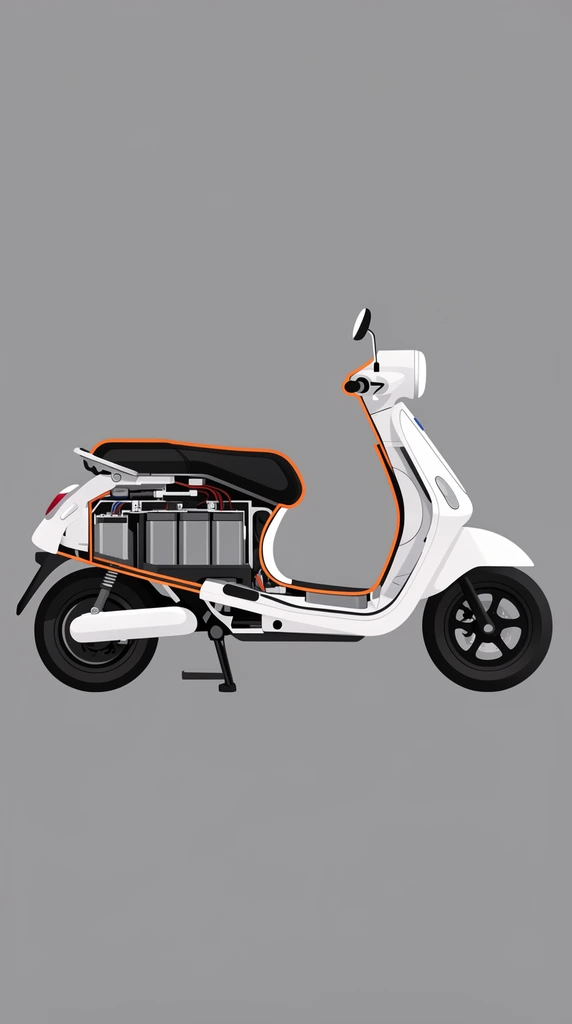 A side-profile technical illustration of a white electric scooter features a cutaway view revealing its internal mechanics. The cross-section exposes grey battery cells beneath a black seat, outlined by vivid orange cut-lines. The vehicle rests on a kickstand with solid black wheels and a round headlight. The crisp, flat vector rendering is set against a solid grey background.