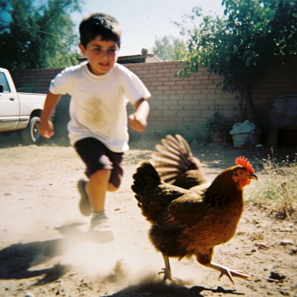 disposable camera photo of A kid chasing a chicken in a rural farmyard in 90s Los Angeles realism.