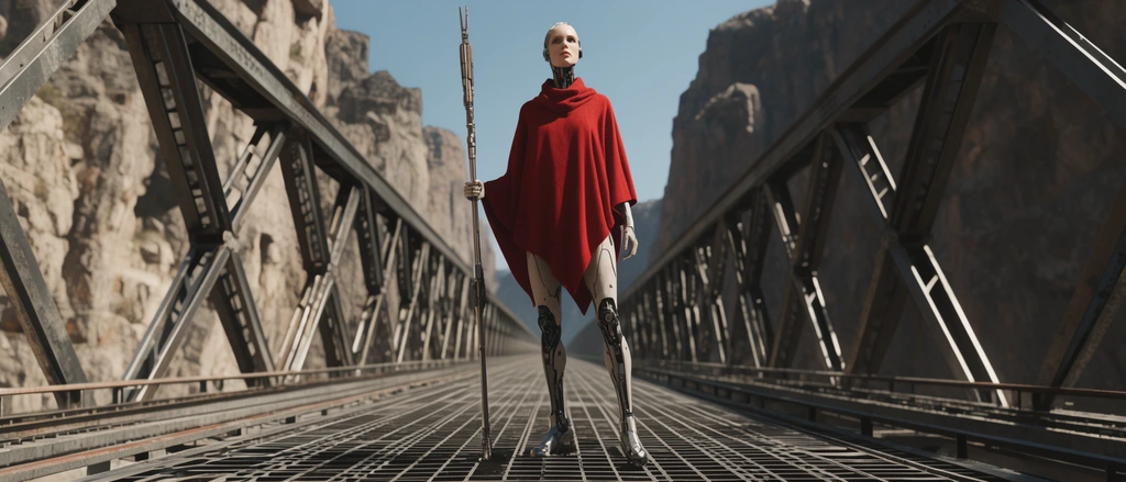 slender female cyborg, flowing red poncho, holding a metallic staff, standing centrally on an endless metal truss bridge spanning a deep rock canyon, cinematic wide shot, low camera angle, symmetrical composition, bright midday sun, stark shadows
