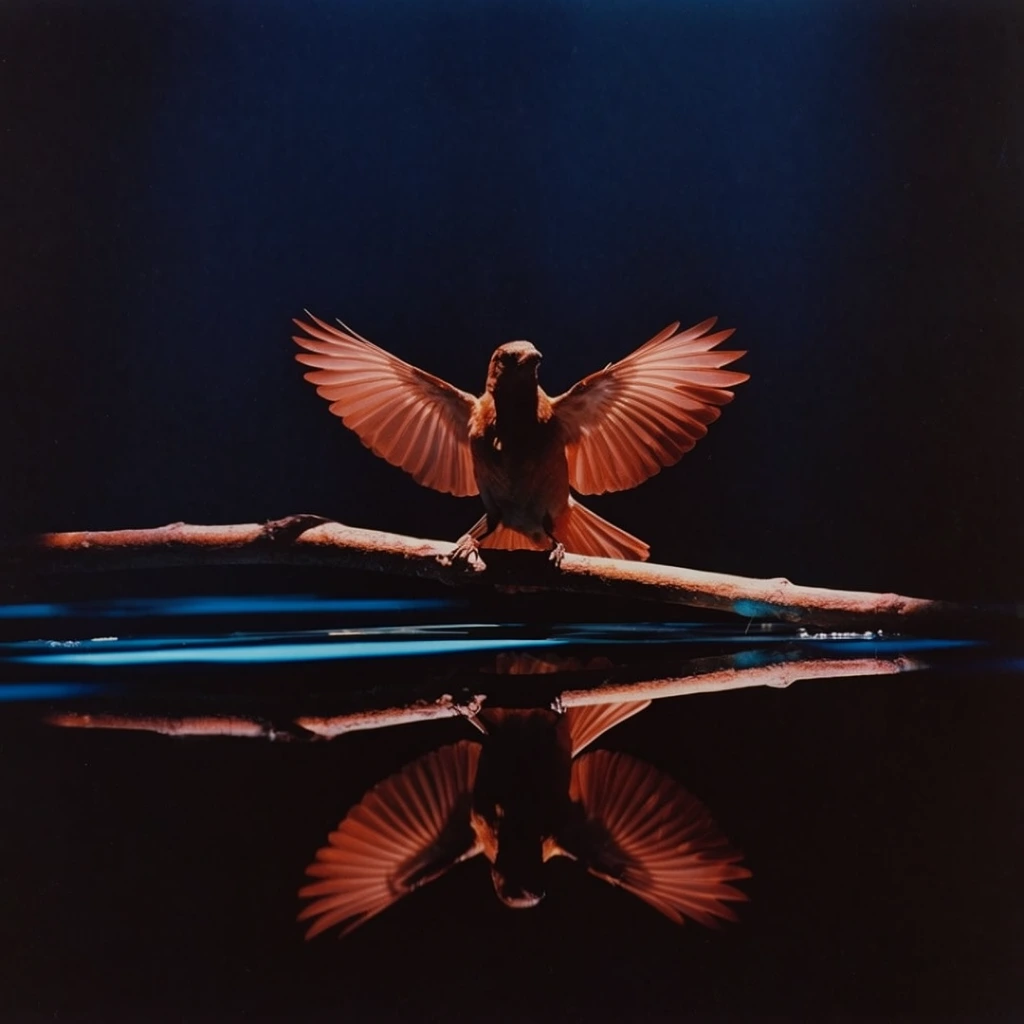 One bird with spread wings on a branch, positioned perfectly in the center of a vast, pitch-black void. A dramatic, stark spotlight from above illuminates the bird and branch, rendering them in warm, rich tones of burnt orange, rust, and terracotta against the deep, velvety midnight blue of the surrounding darkness. Directly below the branch, a sleek, mirror-like dark liquid surface captures a flawless, symmetrical reflection of the bird's outstretched wings. Sharp, vivid accents of cyan blue punctuate the horizontal plane of the reflective ground. The composition utilizes striking high-contrast chiaroscuro lighting, manifesting the theatrical, liminal aesthetic of medium format cinematic film photography complete with fine grain, a profound sense of stillness, and an intense focal clarity that falls off gently into heavy shadow.