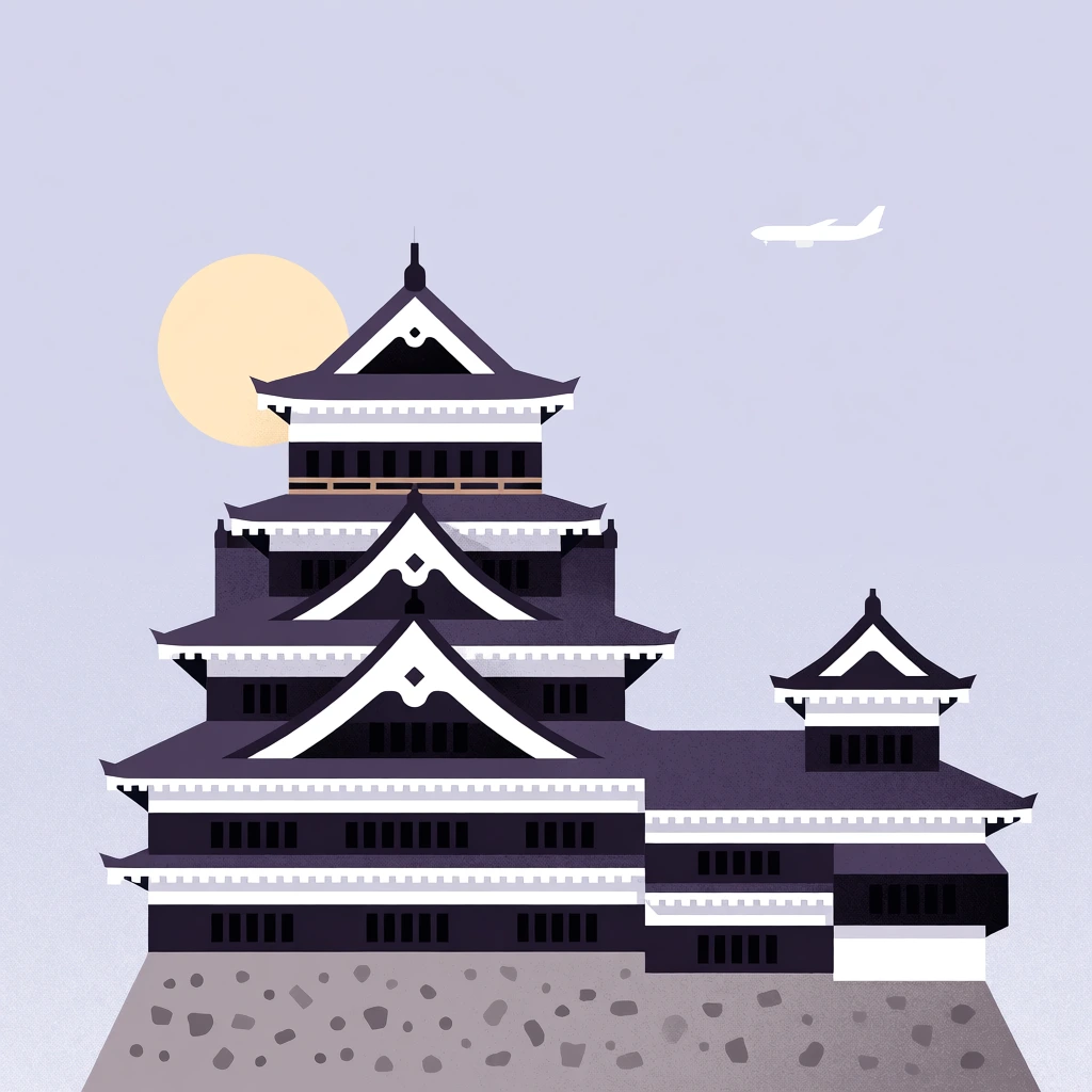 Minimalist flat vector illustration of a Japanese castle against a pale lavender sky. The geometric structure features tiered dark purple roofs, white walls, and a gray stone foundation. A pale yellow sun rests behind the main tower while a small white airplane flies in the upper right. The artwork employs a muted pastel palette with subtle stippled textures across crisp, graphic shapes.