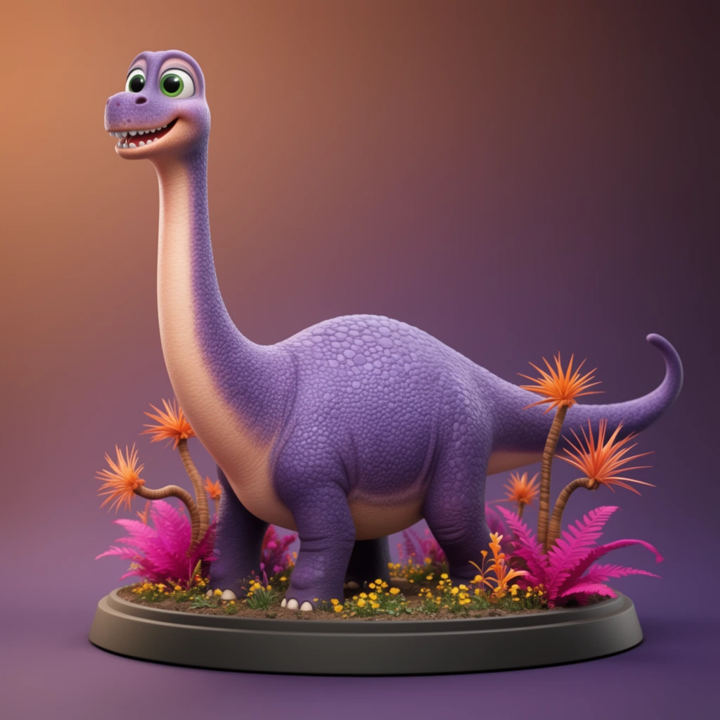 A stylized, 3D-rendered purple sauropod dinosaur stands playfully on a circular diorama pedestal. The creature features a textured violet scaly back contrasting with a smooth pale peach underbelly and an elongated neck. Its head has large expressive green eyes and a wide smile revealing small white teeth. The dark gray base holds a patch of soil dotted with tiny yellow flowers and vibrant fantastical flora, including bright magenta ferns and curved brown stalks topped with spiky orange fronds. Soft diffused studio lighting highlights the intricate skin textures against a seamless background gradient transitioning from warm copper to deep violet. The entire composition resembles a high-quality collectible figurine isolated in a minimalist studio environment.