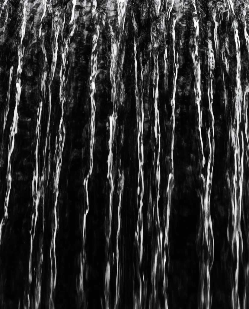 abstract black and white macro of cascading water, vertical fluid striations falling down a dark textured surface, bright white streaks against pitch black, high contrast
