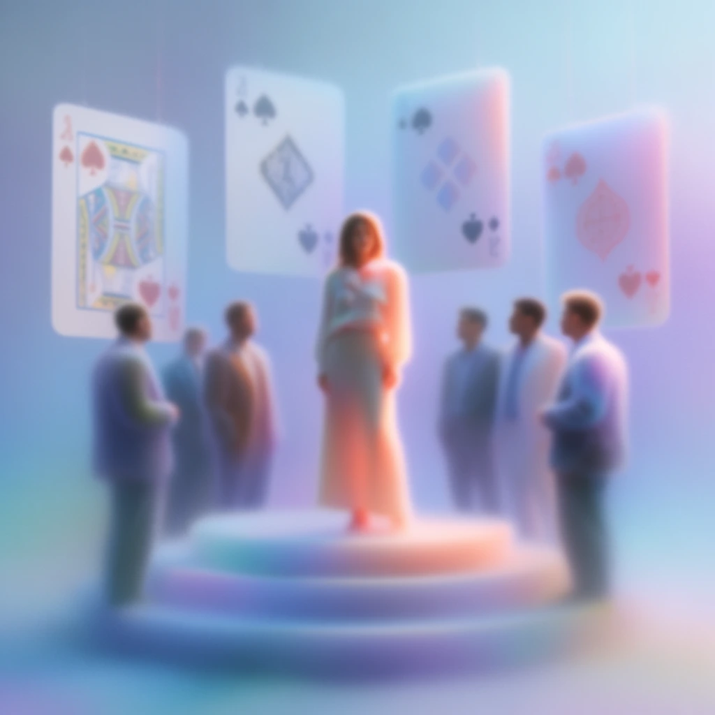 One woman stands on a tiered stage surrounded by several men, with four large playing cards hanging in the background, all depicted in an ethereal, heavily blurred, soft-focus aesthetic. The composition utilizes an extreme shallow depth of field, giving the figures, stage, and cards velvety, out-of-focus edges and a smooth, frosted appearance with 3D subsurface scattering effects. A pastel color palette permeates the scene, featuring seamless gradients of icy blue, soft lilac, and pale purple. Warm, glowing peach and coral highlights softly illuminate the woman and men, contrasting with the cool ambient shadows of the environment. The tiered platforms and suspended playing cards sit within a hazy, iridescent atmosphere characterized by blooming light effects, diffuse illumination, and a tactile, heavily diffused visual quality.