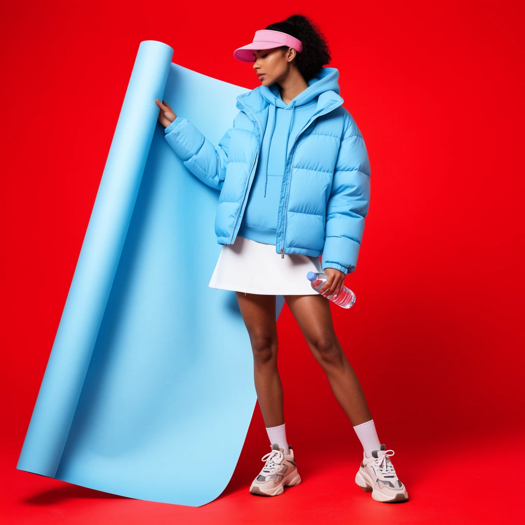 A woman poses against a solid red studio background, holding an unrolled sheet of light blue seamless paper. She wears a light blue puffer jacket, matching hoodie, white skirt, chunky sneakers, and a pink visor while holding a clear water bottle. The high-contrast fashion editorial features bold color blocking and bright lighting, emphasizing streetwear textures against the vibrant stark red environment.