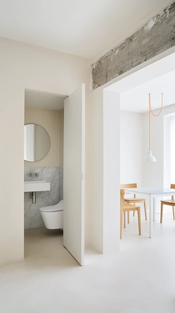 minimalist interior architecture, off-white walls, ajar pivot door revealing a compact bathroom, wall-mounted toilet, rectangular sink, round mirror, marble wainscoting, adjacent doorway under an exposed rough concrete beam, bright dining area, light wood chairs, square marble table, white pendant light on orange cord, seamless light flooring, high-key natural lighting, clean lines, contemporary design, architectural photography