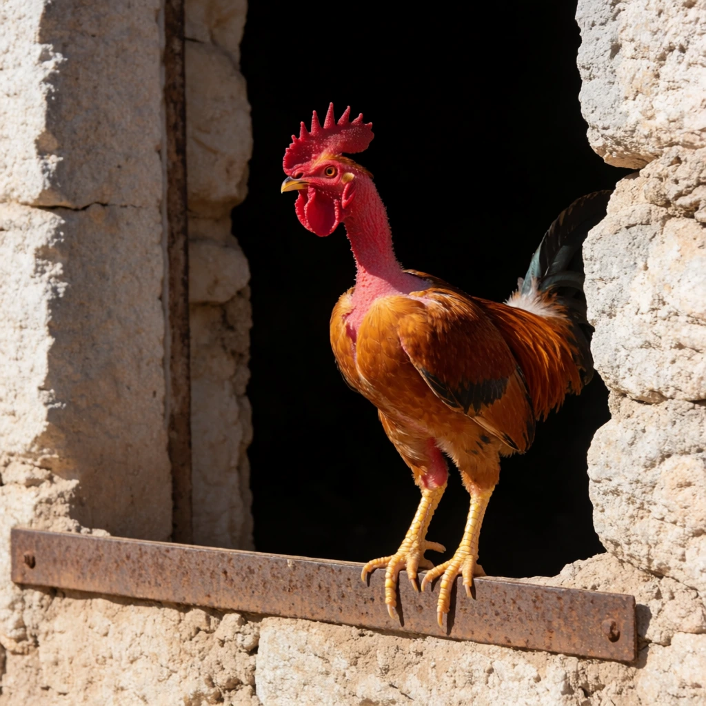 A Naked Neck rooster perches on a rusty metal ledge inside a rough-hewn stone doorway. The bird displays a bright crimson, featherless neck, prominent red comb, and rust-orange plumage. Yellow scaled legs grip the weathered edge. Captured in sharp profile facing left, the rooster is lit by intense sunlight from the right. The hard lighting emphasizes the coarse texture of the pale stone and creates a stark contrast against the pitch-black void behind the subject.