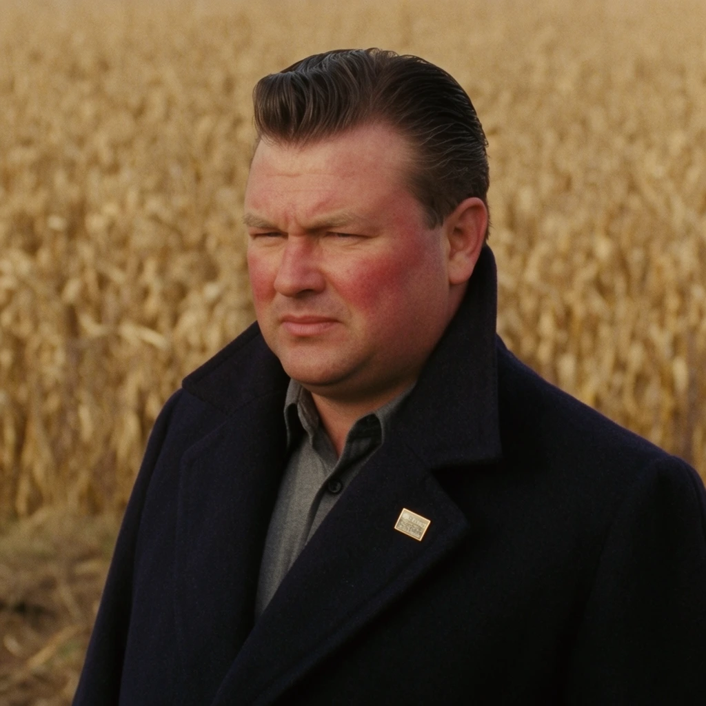A cinematic medium close-up captures a middle-aged man standing against a blurred expanse of dry, golden-brown crops. He has a slightly flushed complexion, slicked-back dark hair, and a serious, squinting expression. He wears a heavy, dark navy wool overcoat with a popped collar over a grey shirt, featuring a small rectangular metal pin on his left lapel. The shallow depth of field isolates the man from the textured, earthy background. Soft natural daylight highlights the warm, muted color palette and subtle film grain aesthetic.